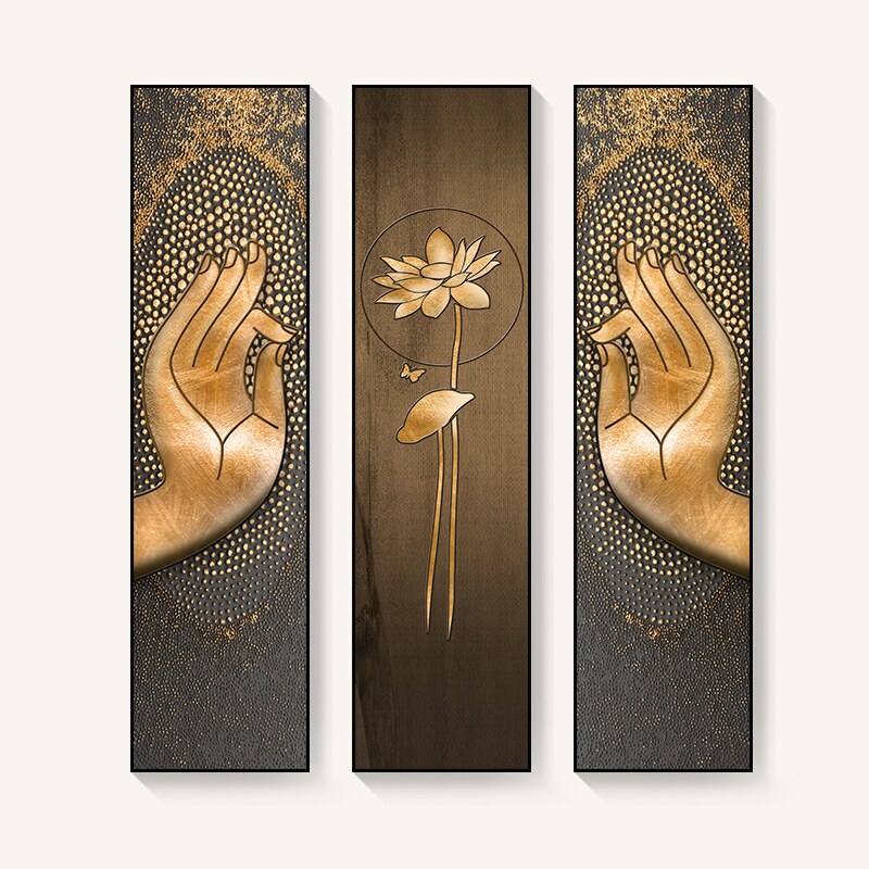 金色佛手新中式玄关装饰画定做茶室挂画禅意走廊竖版长条莲花三联