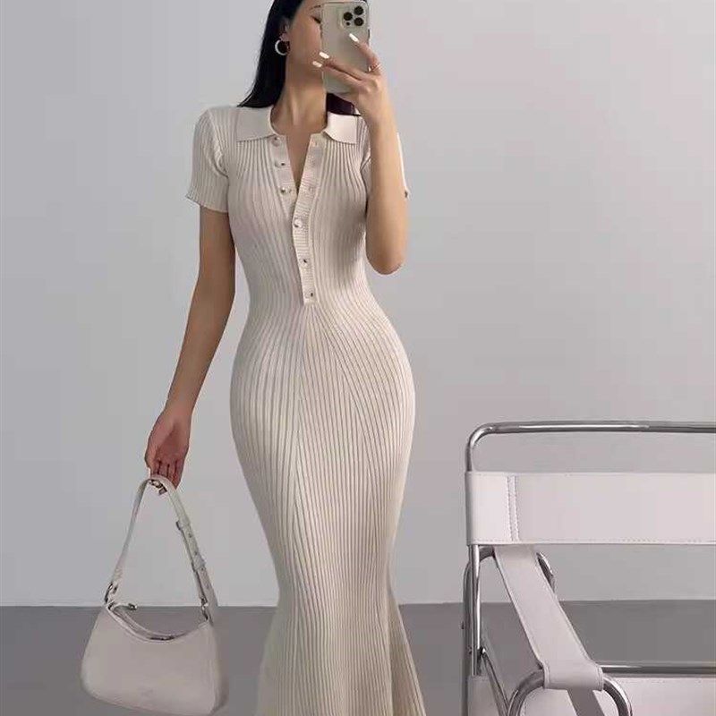 夏欧美式鱼尾连衣裙女御姐长款修身紧身小个子短袖打底包臀超长裙