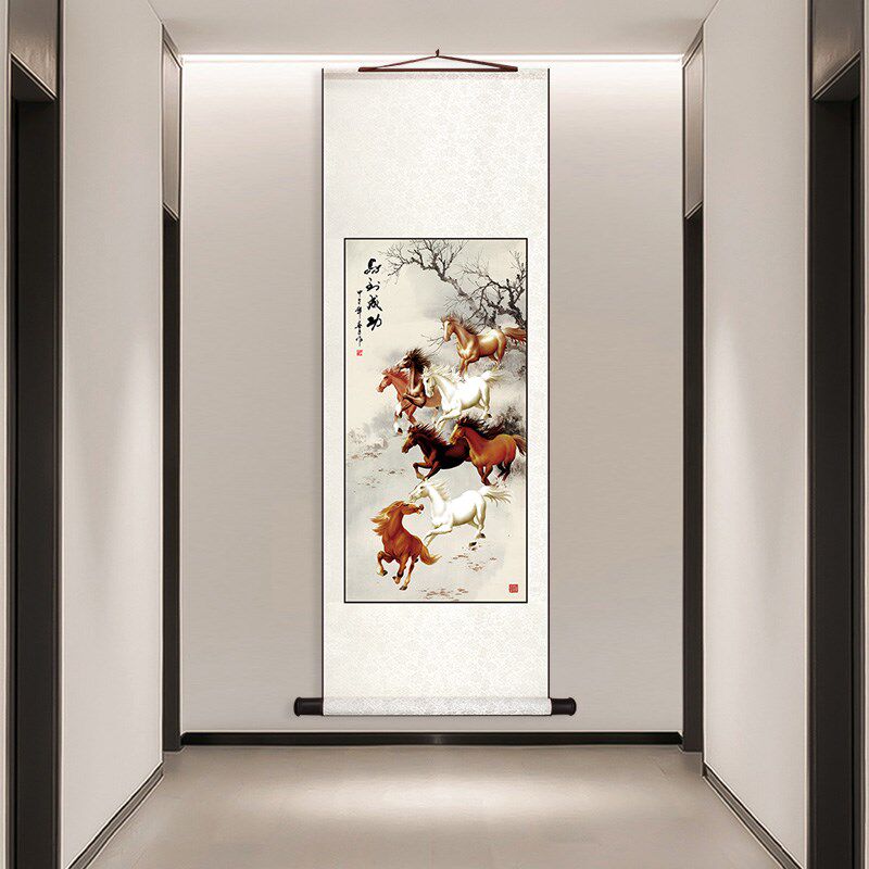 徐悲鸿马到成功新中式客厅玄关装饰画卷轴字画中国风书房办公室挂