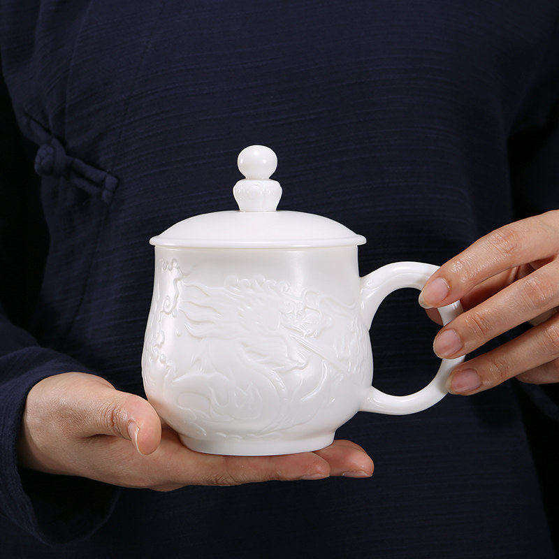 赢匠德化白瓷办公泡茶水分离杯羊脂玉陶瓷过滤杯带盖定制礼品杯子