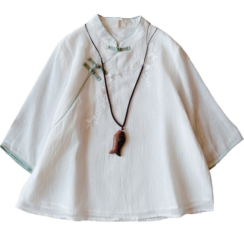 复古雪纺盘扣绣花衬衫女夏季新款文艺中国风宽松薄款中袖茶服上衣