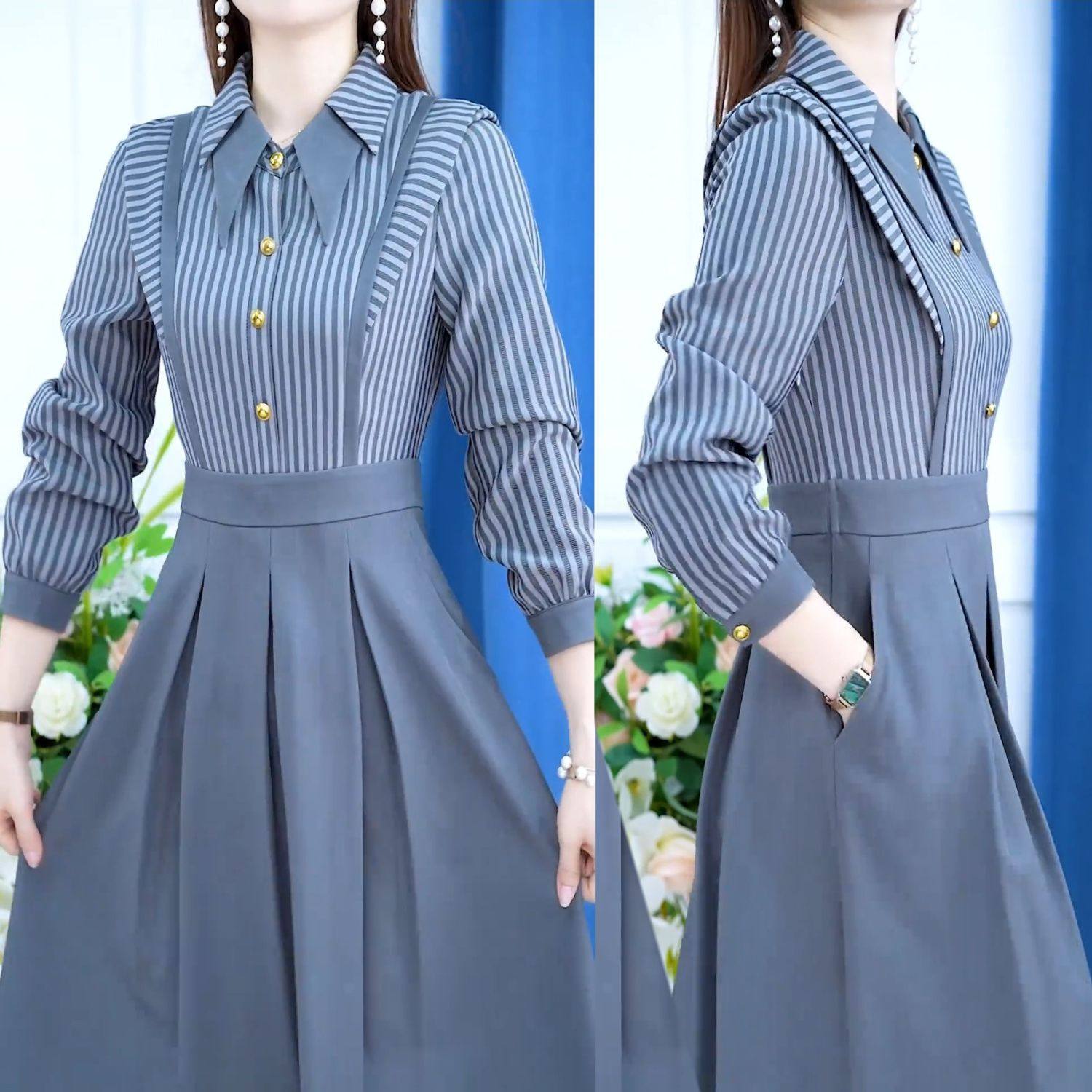 气质显瘦条纹拼接中长款裙子女2024秋季新款时尚假两件长袖连衣裙,女装/女士精品,连衣裙,淘宝优惠券,粉丝福利购,淘宝优惠卷