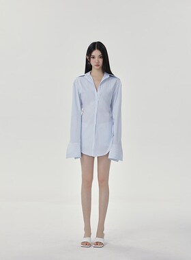 PEMPL 收腰开叉中长款条纹衬衫夏季修身显瘦百搭长袖衬衣气质上衣