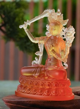 纯手工琉璃佛像 文殊菩萨坐像中式风格家庭供奉迷你佛像 客厅装饰