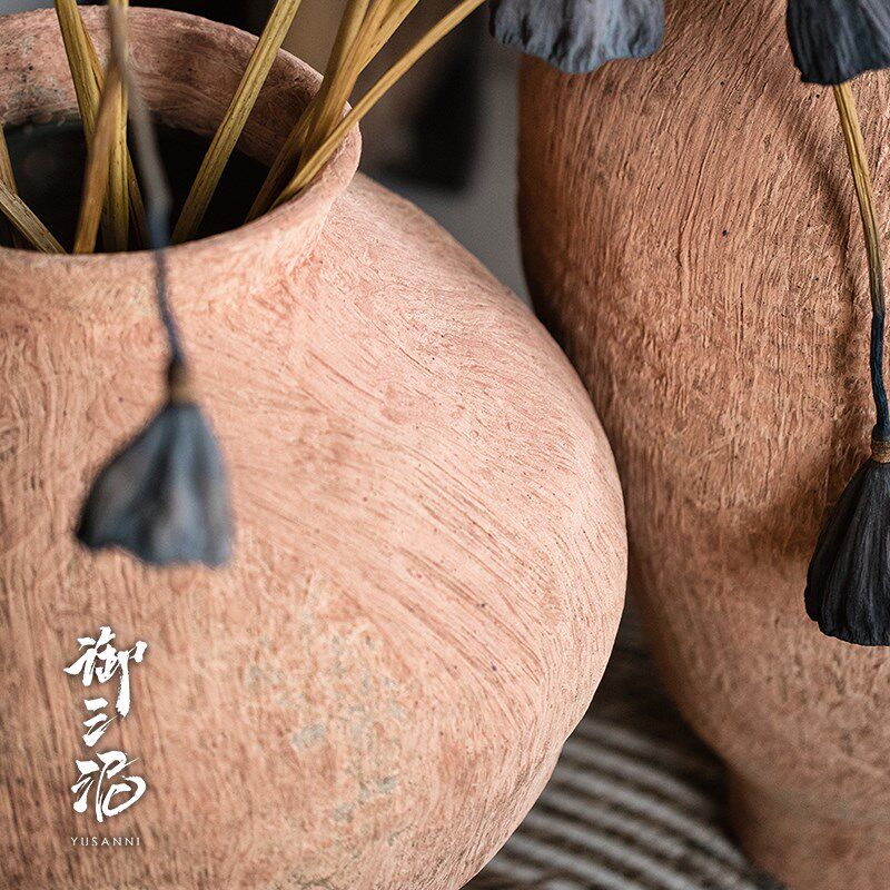 粗陶仿红陶色老瓦罐复古陶罐落地大号花瓶禅意陶罐民宿餐厅装饰品