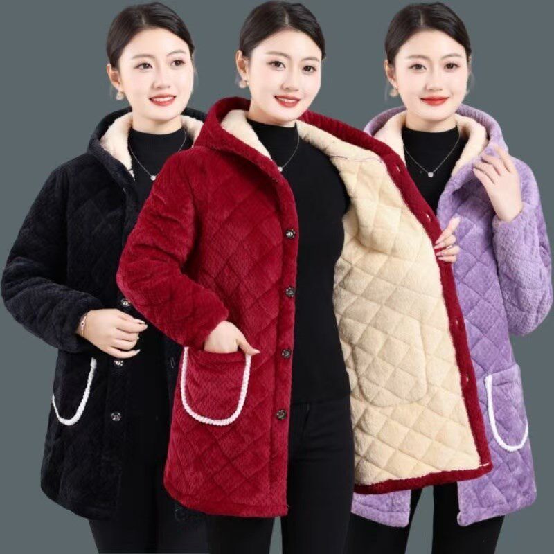 加厚罩衣女冬季加绒加厚保暖工作服三层夹棉家居服中长款棉服外套