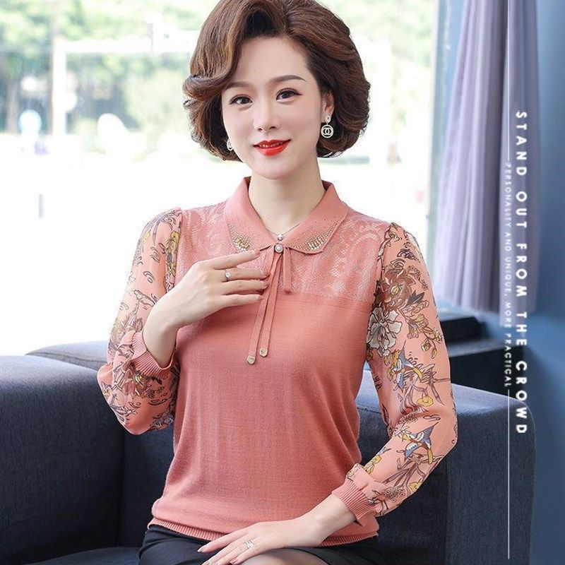 妈妈装春装时尚上衣中老年女装春秋长袖翻领T恤中年薄款小衫夏装
