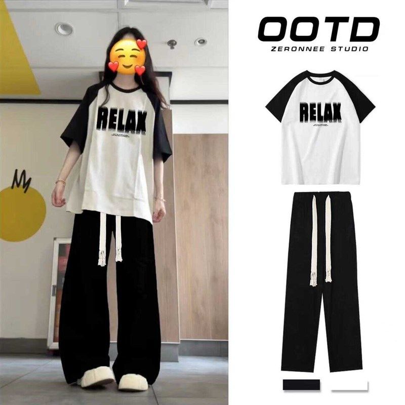 学院风时尚套装女夏季新款小个子宽松插肩短袖T恤+阔腿裤两件套潮,女装/女士精品,时尚套装,淘宝优惠券,粉丝福利购,淘宝优惠卷