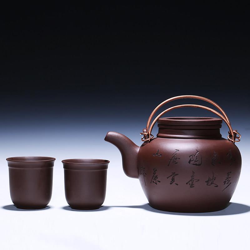 宜兴紫砂寿桃壶大容量铜手提梁茶壶大号洋筒过滤内胆茶具凉茶大壶