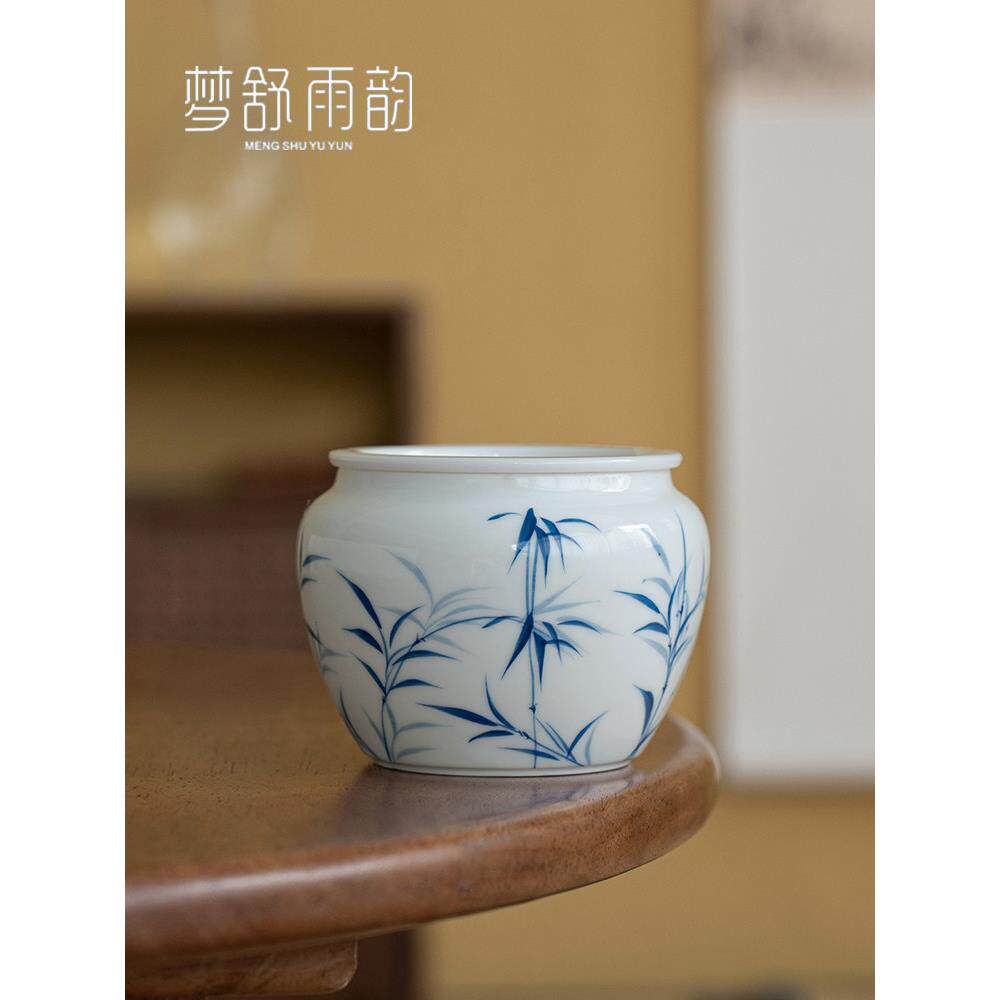 甜白瓷手绘青竹建水陶瓷洗茶残罐有盖水碗家用干茶道配件