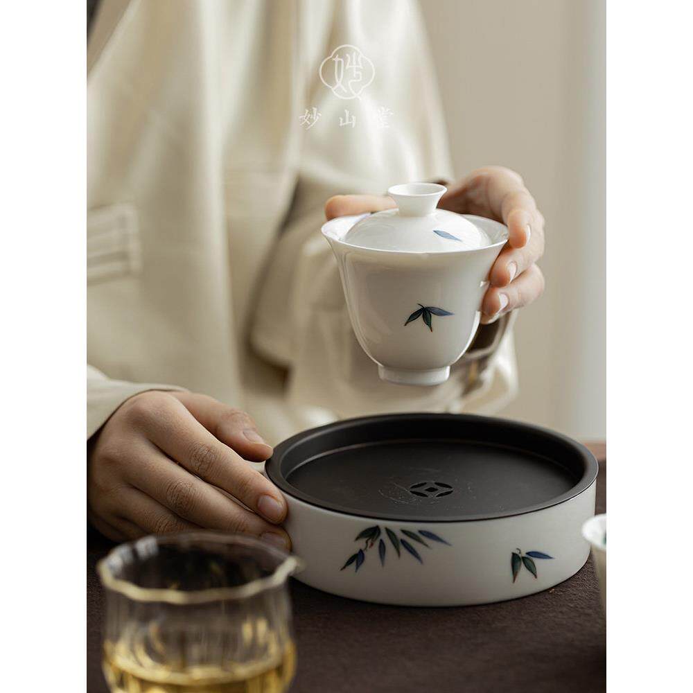 妙山堂 手绘常青竹二才盖碗女士精致白瓷茶具小容量防烫泡茶茶碗