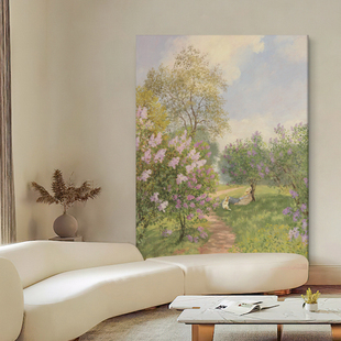 客厅春暖花开巨幅落地挂画玄关乡村田园风景手绘油画法式装饰壁画