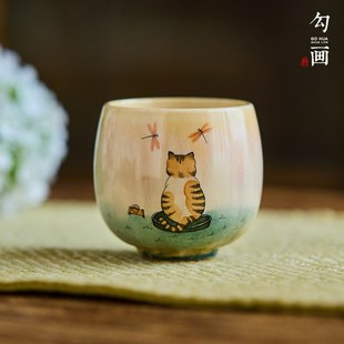 【勾画茶器】窑变复古茶杯主人杯手绘橘猫背影女生茶具可爱品茗杯