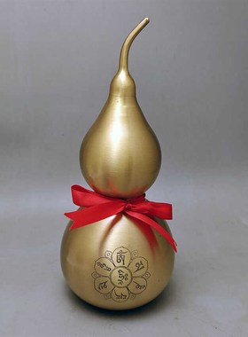家居饰品六字真言铜葫芦大摆件纯黄铜开口空心天医铜葫芦高25厘米