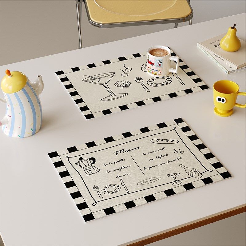 法式复古黑白高级感皮革PVC餐垫防水防油免洗杯垫家用桌垫隔热垫,居家布艺,餐垫,淘宝优惠券,粉丝福利购,淘宝优惠卷