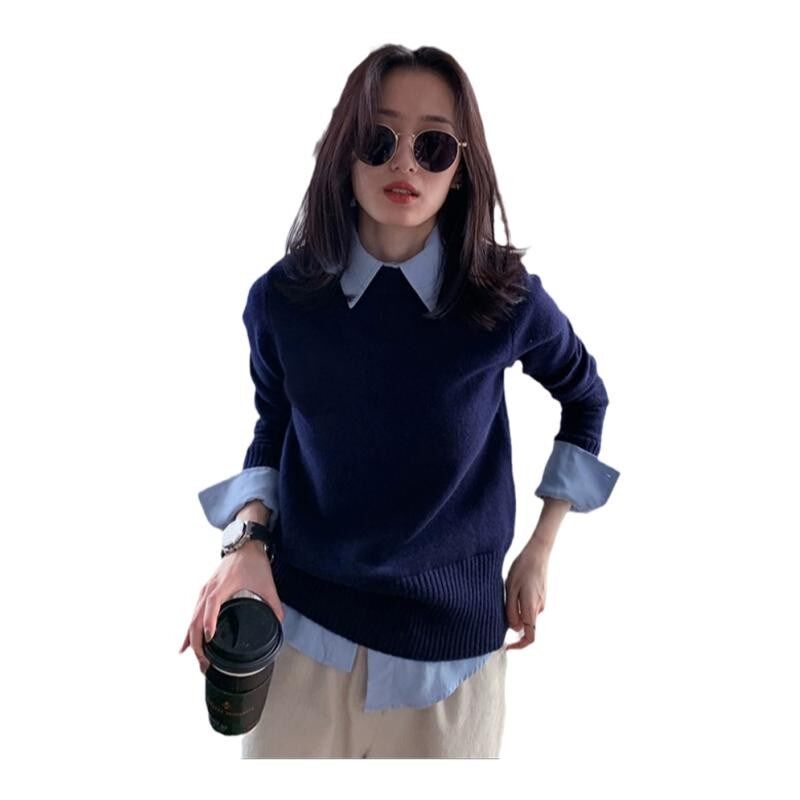 2025春装新款女装拼接假两件针织衫短款毛衣法式高级感Polo领上衣