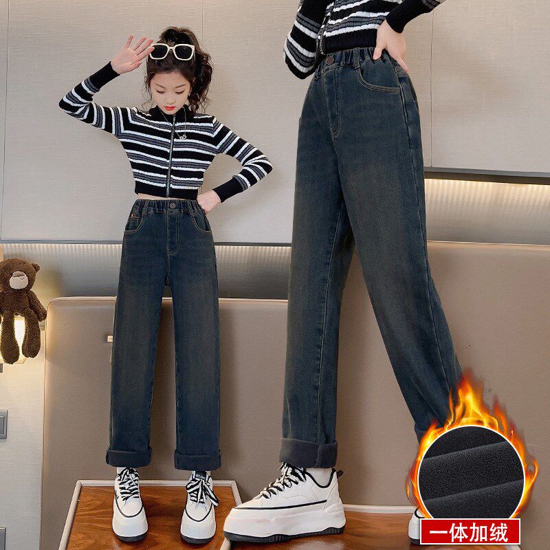 女童裤子加绒加厚秋冬外穿2024新款中大童休闲直筒冬季儿童牛仔裤