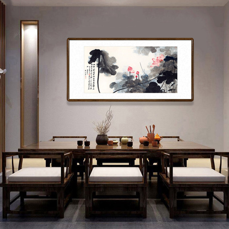 张大千红荷图国画水墨荷花中式客厅装饰画书房办公室挂画餐厅字画