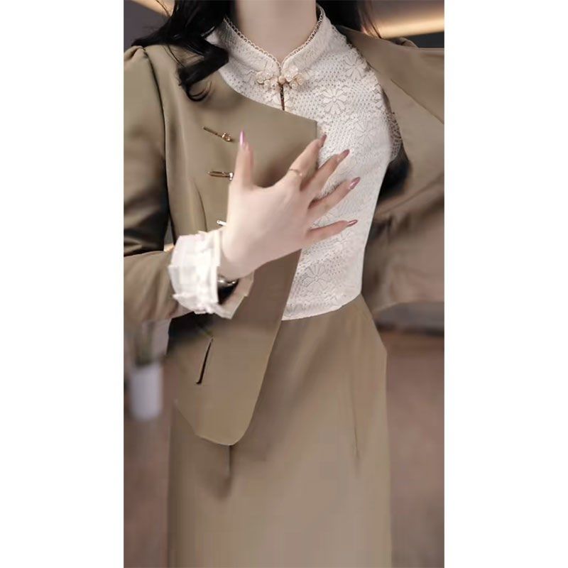 蕾丝长袖连衣裙高贵西装外套两件套女2024秋季新款设计感拼接套装,女装/女士精品,时尚套装,淘宝优惠券,粉丝福利购,淘宝优惠卷