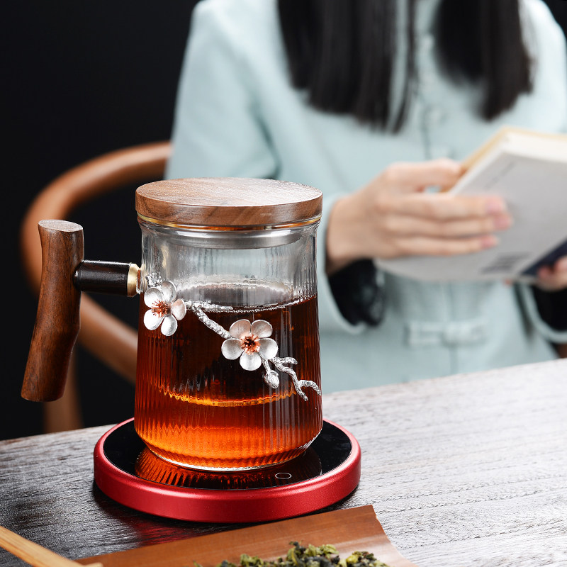 玻璃茶杯木盖带胡桃木手柄个性创意水杯茶水分离杯办公室杯子女士