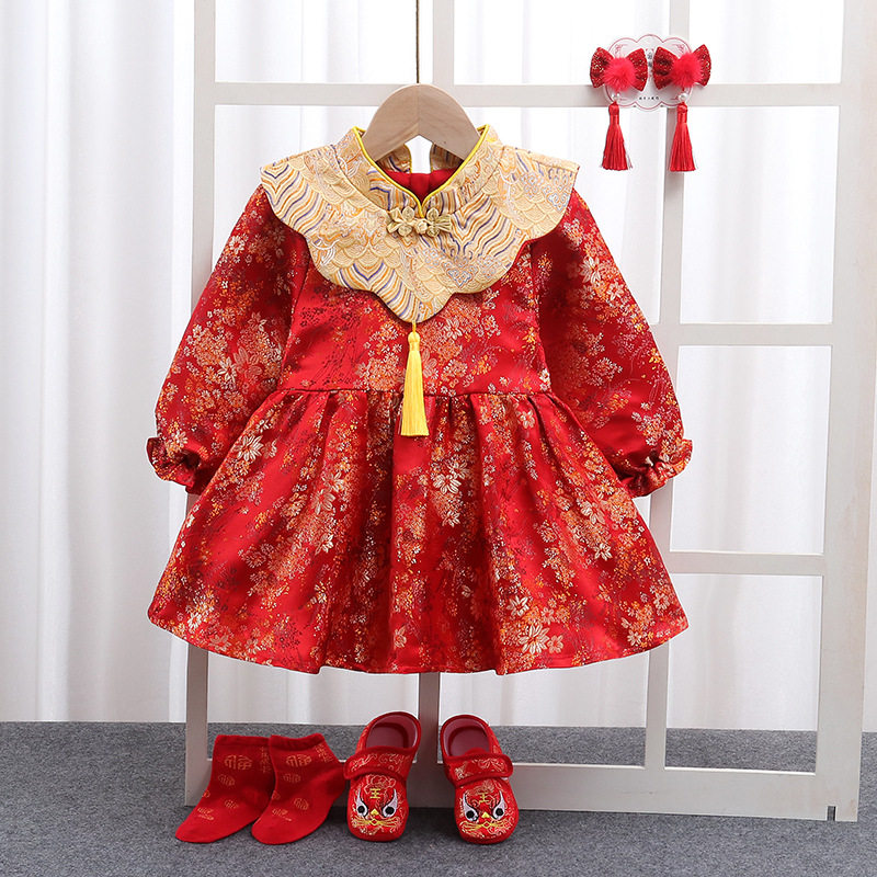 周岁礼服女宝宝春夏款婴儿一岁抓周生日宴连衣裙女童喜庆旗袍唐装