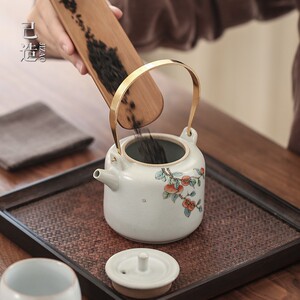 己造 月白汝窑提梁壶 陶瓷复古开片茶壶 家用功夫茶具泡茶壶单壶