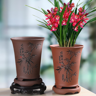 紫砂花盆特大号带托盘兰花君子兰蝴蝶兰盆栽陶瓷家用阳台桌面古典