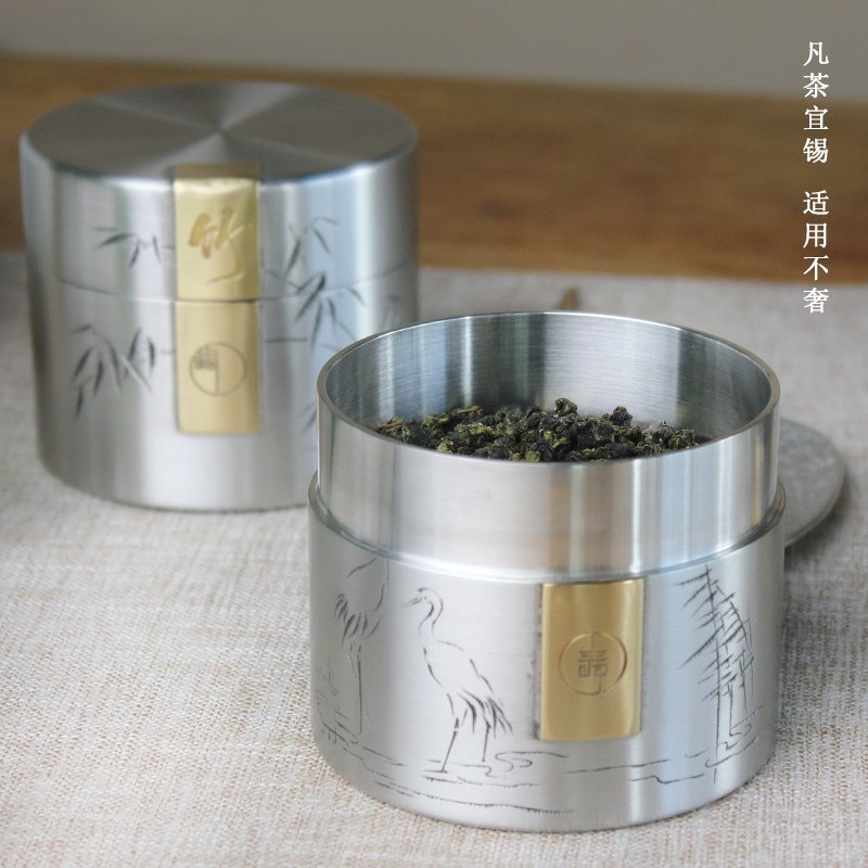 茶叶罐纯锡茶筒竹福鹤寿一对本色锔铜金属密封罐中式个旧手工雕刻