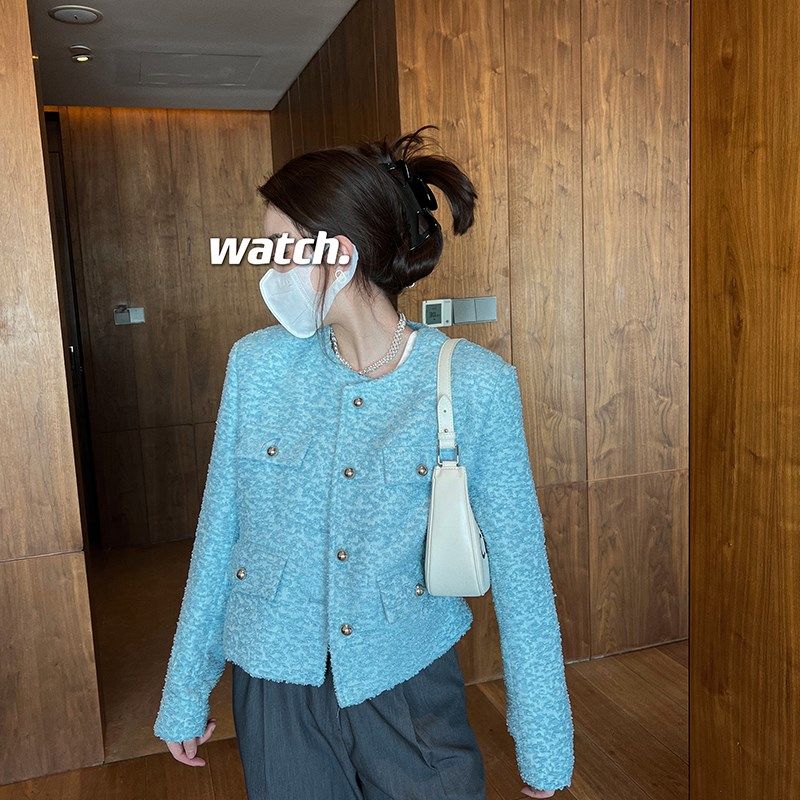 刚需款气质时尚基础显瘦香风短款小外套女2022春季新款水蓝色上衣,女装/女士精品,短外套,淘宝优惠券,粉丝福利购,淘宝优惠卷