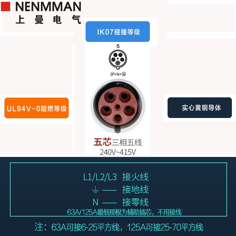 上曼电气NENMMAN防水工业暗装插座TYP:1252面板插座63A 5P IP44