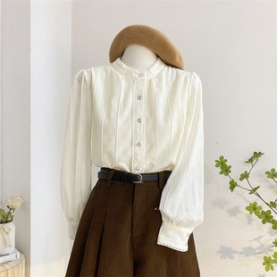 花边立领加绒蕾丝长袖衬衫女秋冬加厚保暖气质内搭打底小衫上衣杏