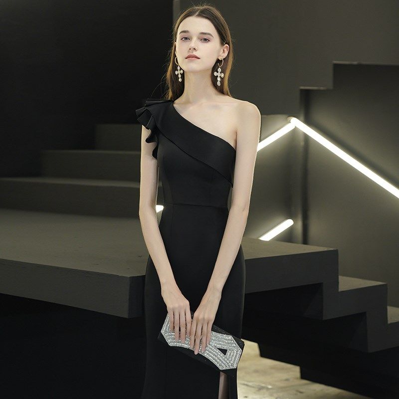 黑色单肩晚礼服裙女平时可穿鱼尾高端气质生日宴会主持人开叉礼服,女装/女士精品,礼服/晚装,淘宝优惠券,粉丝福利购,淘宝优惠卷
