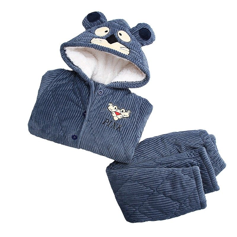 儿童睡衣加厚款男孩冬季中大童加绒男童珊瑚绒三层夹棉卡通帽冬款