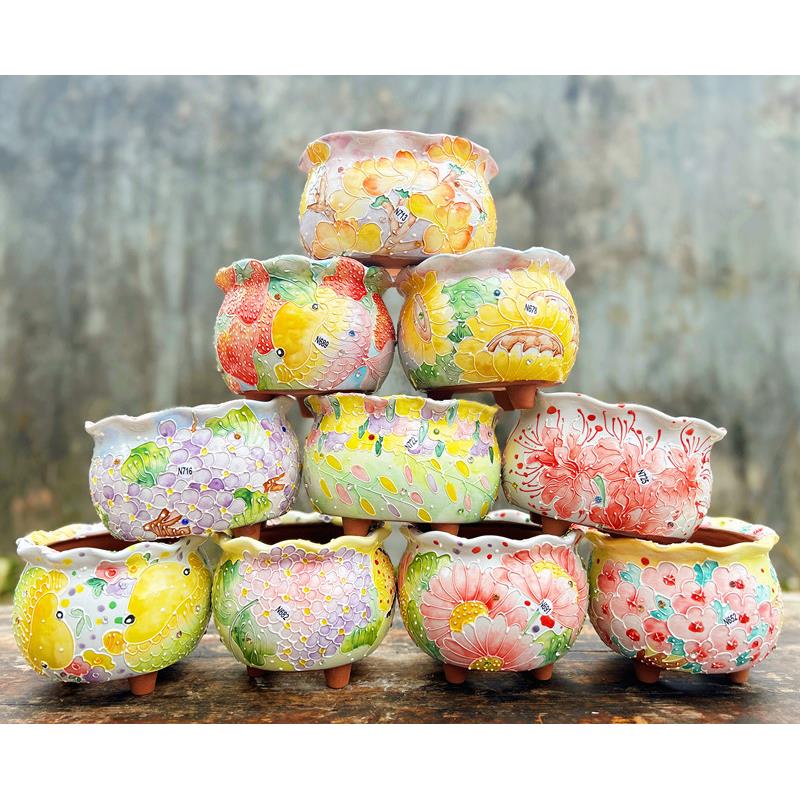 景德手绘濑烧多汁组老堆脚透气吸水蕾丝钻石红陶盆口10/12