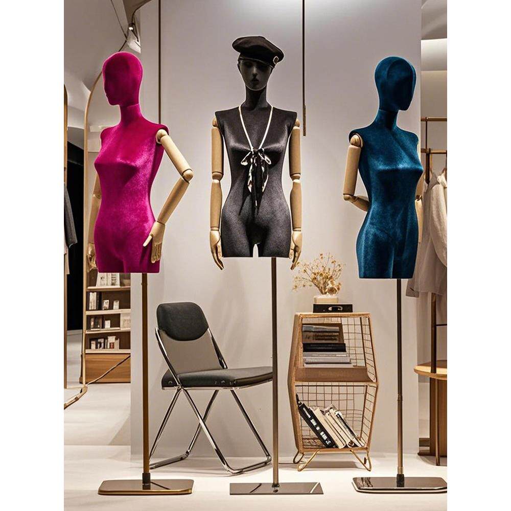 服装店韩版丝绒小胸模特道具少女橱窗半身人台婚纱平肩展示模特架