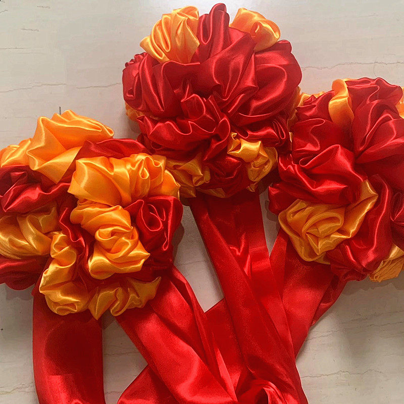 婚礼道具牵巾多色彩球红绿色锈球色丁绸缎大红色金黄色花球剪彩花