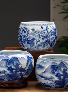 景德镇陶瓷手绘青花瓷聚宝盆客厅入口桌面中式装饰物吉祥鱼缸