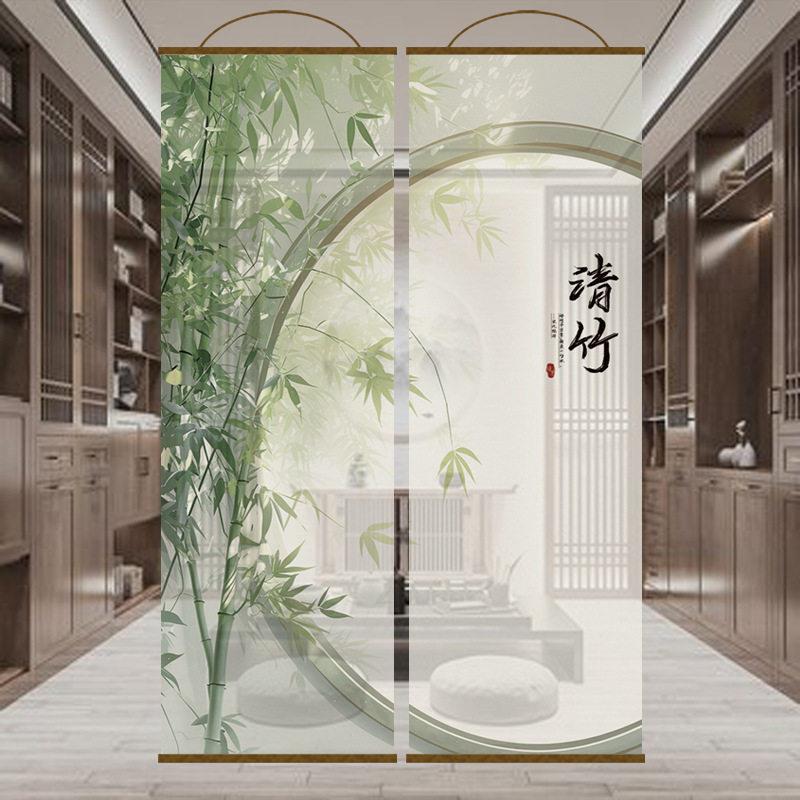 新中式水墨竹画高级透景屏风纱卷帘隔断窗挂帘窗帘玄关透光纱帘