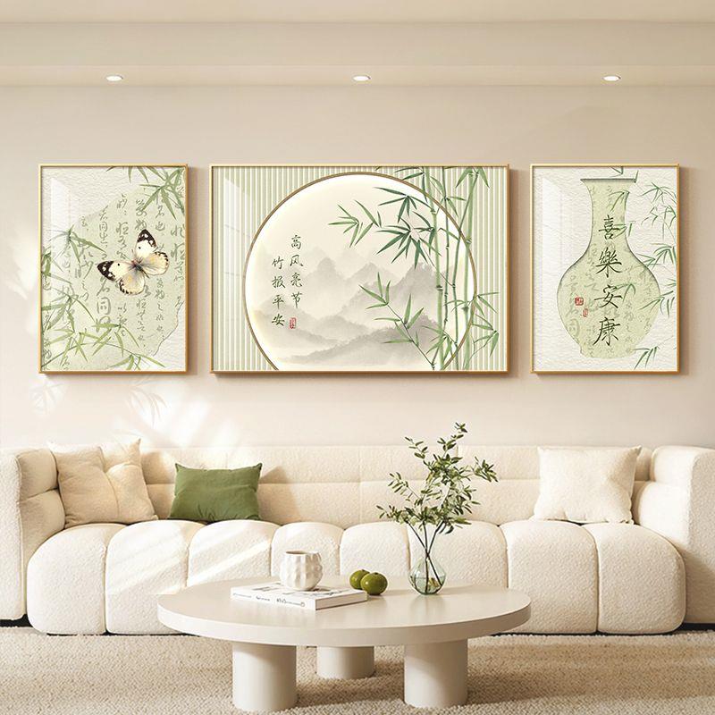 新中式客厅装饰画竹子挂画高档沙发背景墙山水画水墨风景三联壁画