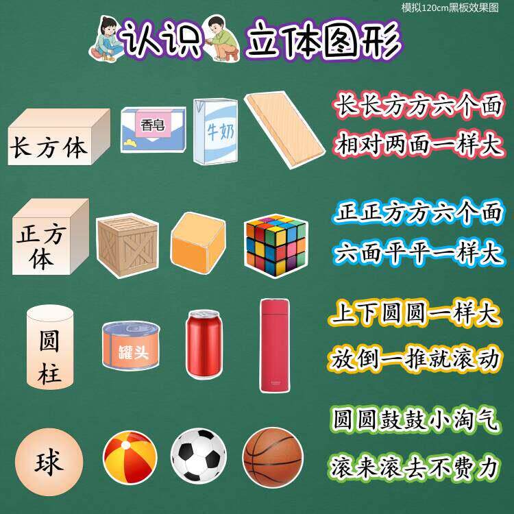 认识立体图形一年级数学公开课教具板书板贴设计黑板塑封磁性贴