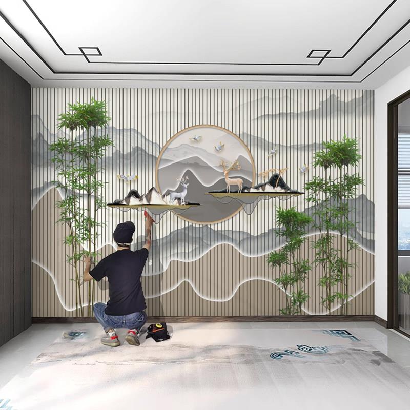 新中式电视背景墙贴壁纸美容院前台茶室墙布立体会所竹子壁纸壁画