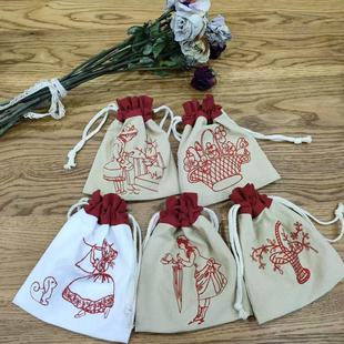 中古风法国双面红绣砂洗棉麻抽绳新年红包多用收纳袋首饰束口袋
