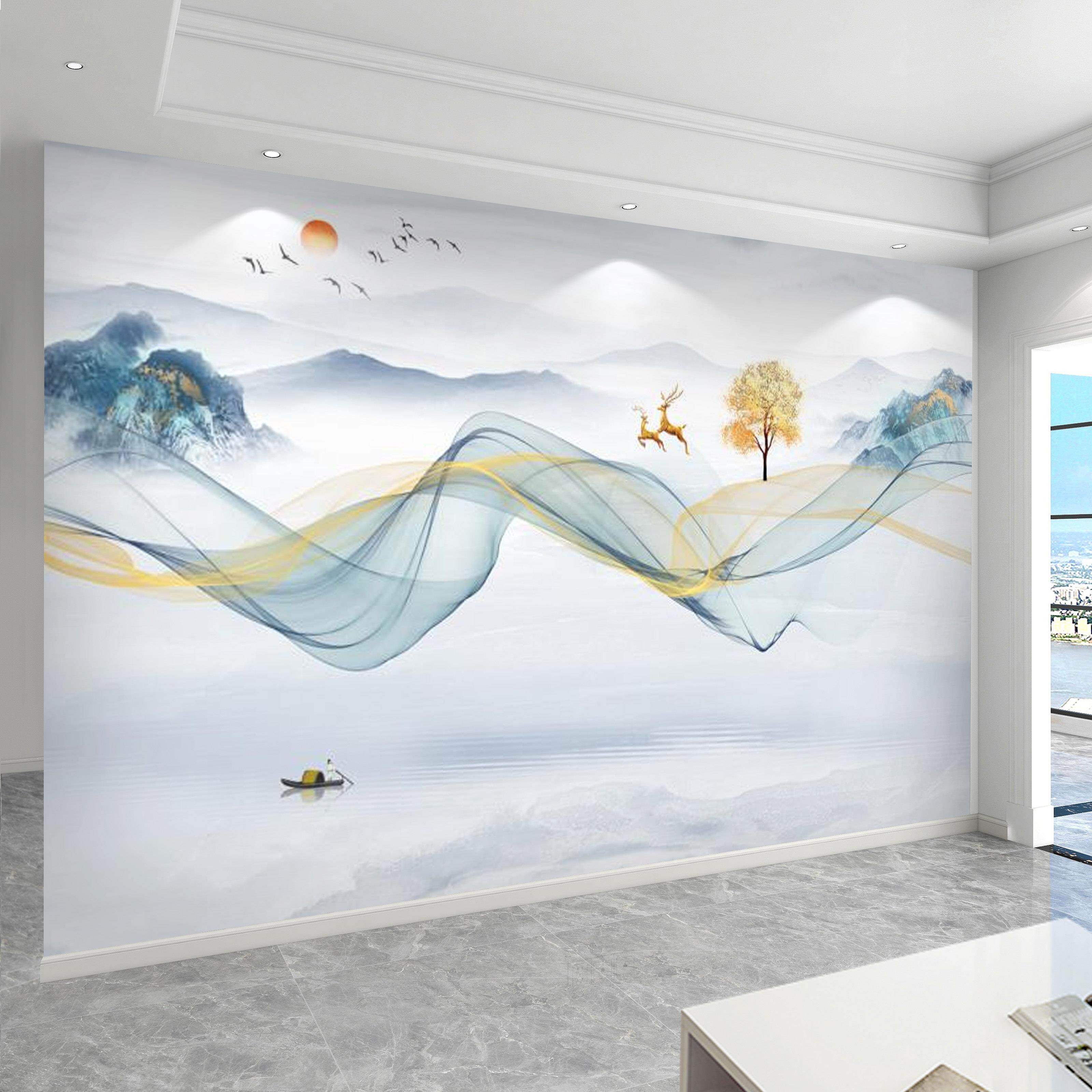 客厅新中式电视背景墙壁画 画2025新款山水画 画壁布自粘影视墙墙