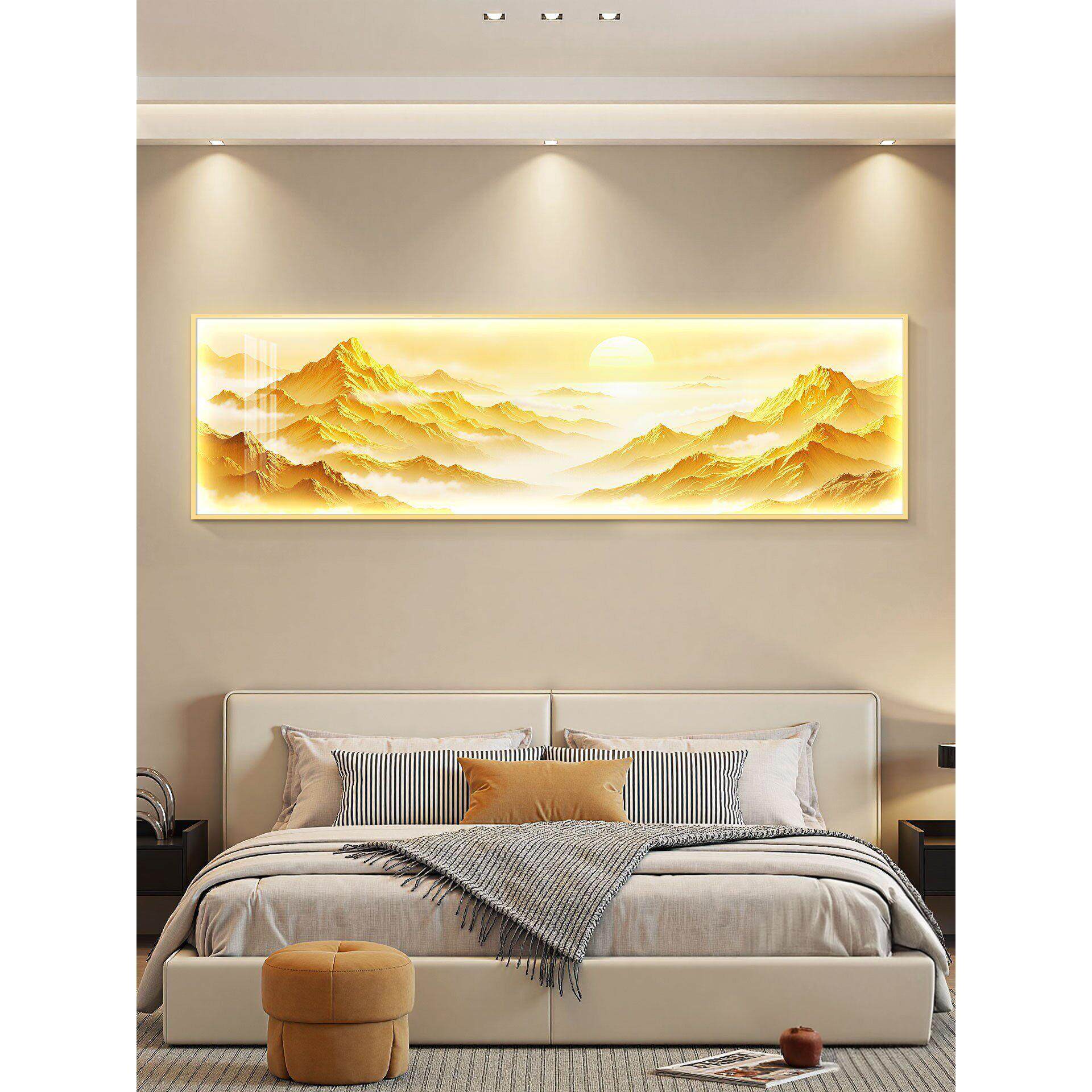 日照金山led灯轻奢卧室床头装饰画主卧房间背景墙挂画高级感壁画