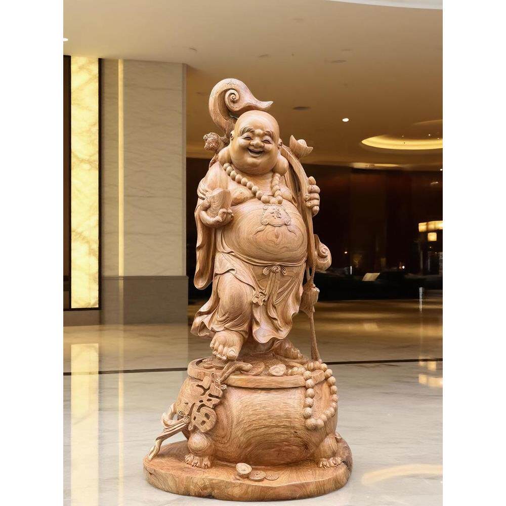大型弥勒佛像实木雕刻饰品纯手工樟脑关公关羽财神根雕落地红豆杉