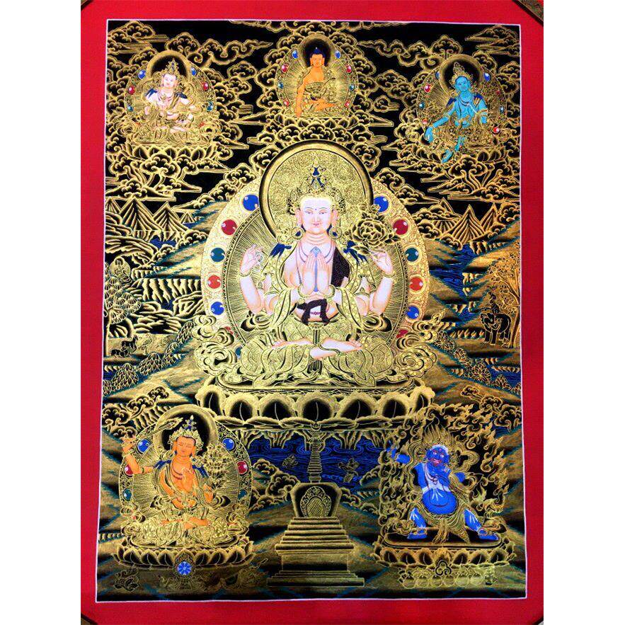 四臂观音唐卡尼泊尔手绘唐卡挂画观音菩萨装饰画客厅唐卡装饰画