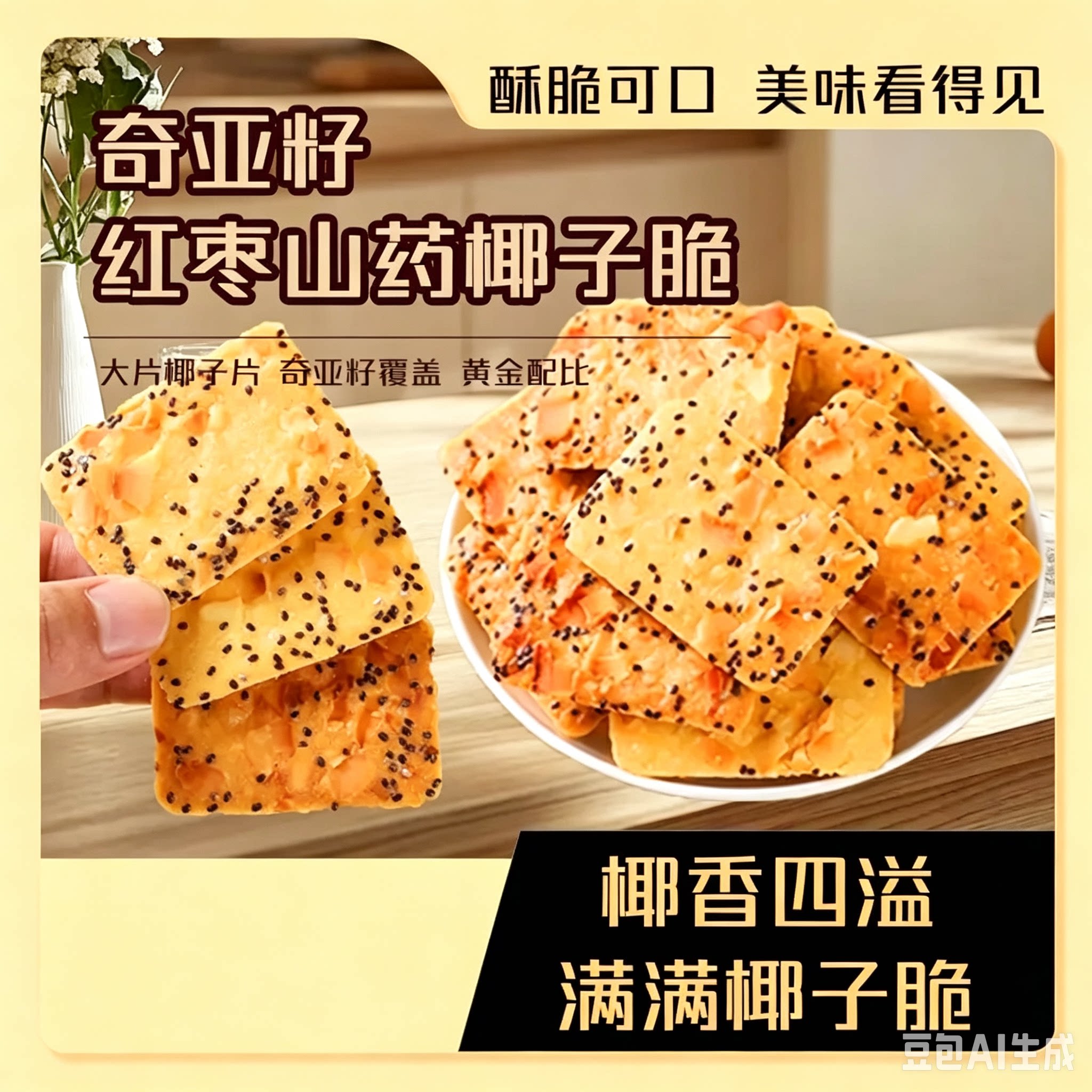 奇亚籽红枣山药椰子薄脆饼干浓郁椰香健康解馋休闲零食下午茶年货
