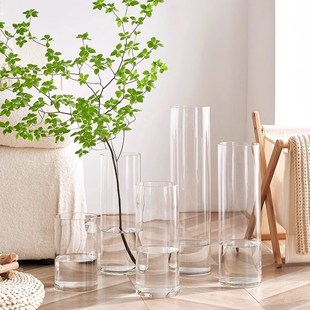 插花摆件客厅水培水养直筒雪柳马醉木高级感富贵竹透明玻璃大花瓶