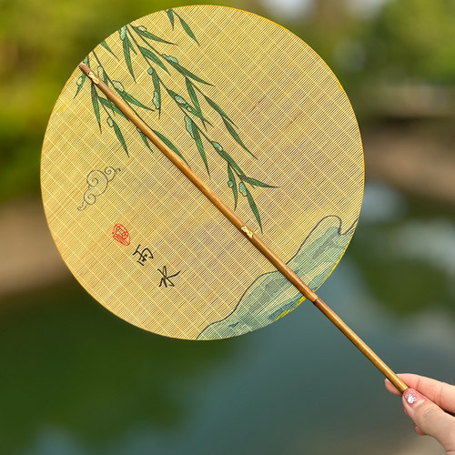 竹编圆形扇子 竹青编麈尾团扇芭蕉扇 夏日纳凉文人古风舞蹈扇绘画