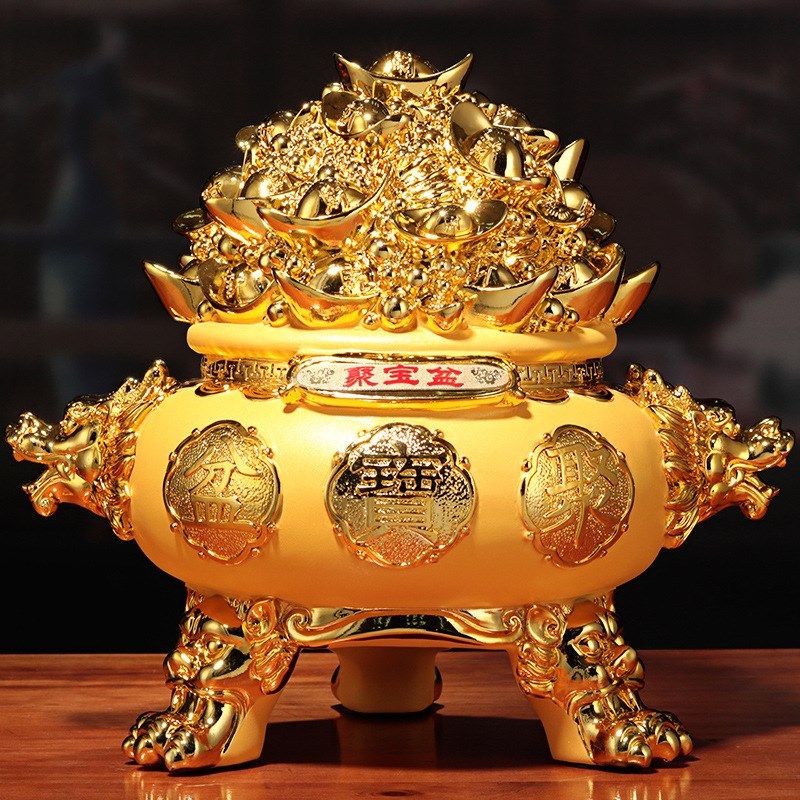 绒沙金聚宝盆客厅办公室装饰摆件创意树脂工艺品商务开业礼品